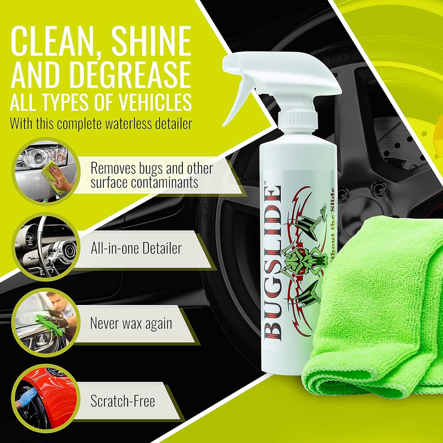 Bugslide 16 Oz Shop Kit Cleaner and Polisher with Microfiber Towel, Tree Sap Remover, Waterless Detailer for Removing Bugs without Scratching, Shining and Degreasing All Surfaces