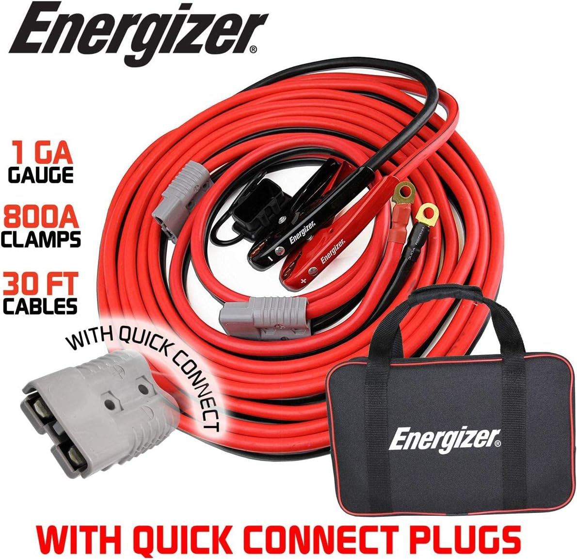 Energizer Jumper Cables, 30 Feet, 1 Gauge, 800A, Booster Battery Cables with Permanent Installation Kit and Quick Connect Plug for SUV & Trucks with up to 8-Liter Gasoline and 6-Liter Diesel Engines